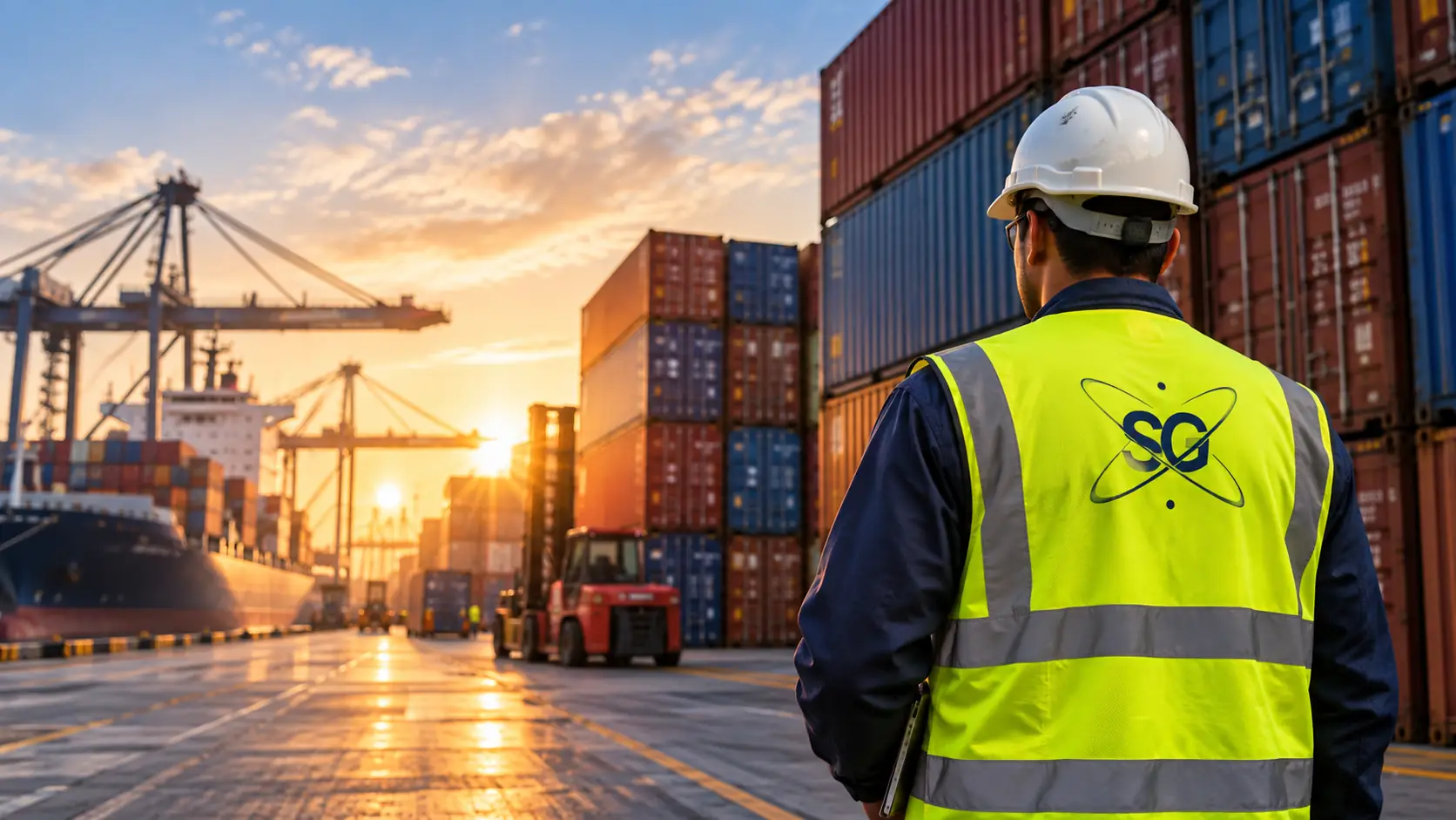 SG Imports & Exports team member at a container port at sunrise